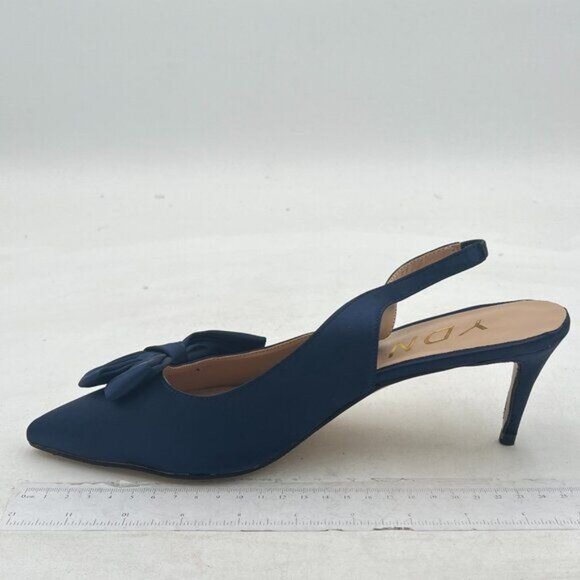 YDN Blue Pointed Toe Bow Slingback Slip on Pump Mid Heels Evening Satin Sandals - Picture 2 of 8